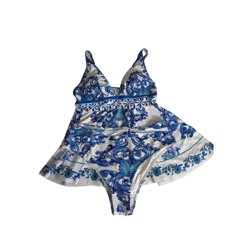 Blue White Paisley 2 Piece Swimdress Bikini Set Size 2XL Woman Swimwear